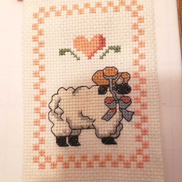 Hand Crafted Other - HAND CRAFTED Cross-stitch Mini Banner with a Heart and Ewe Sheep in a Bonnet